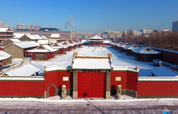 航拍雪中沈阳故宫 大气庄严古朴宁静